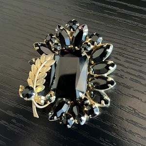 Vintage black crystal / rhinestone and gold brooch, Ornate Leaf